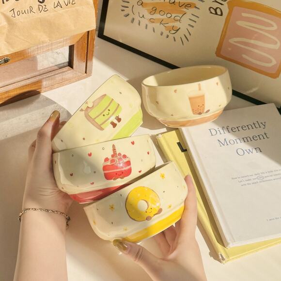 Adorable Ceramic Rice Bowl – Cute Underglaze Tableware set of 4 - Picture 2 of 8